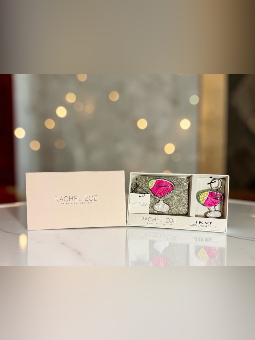 🩷RACHEL ZOE🩷2-PC Beaded Pink Cocktail Motif Card Case + Charm in Gift Box/NWT